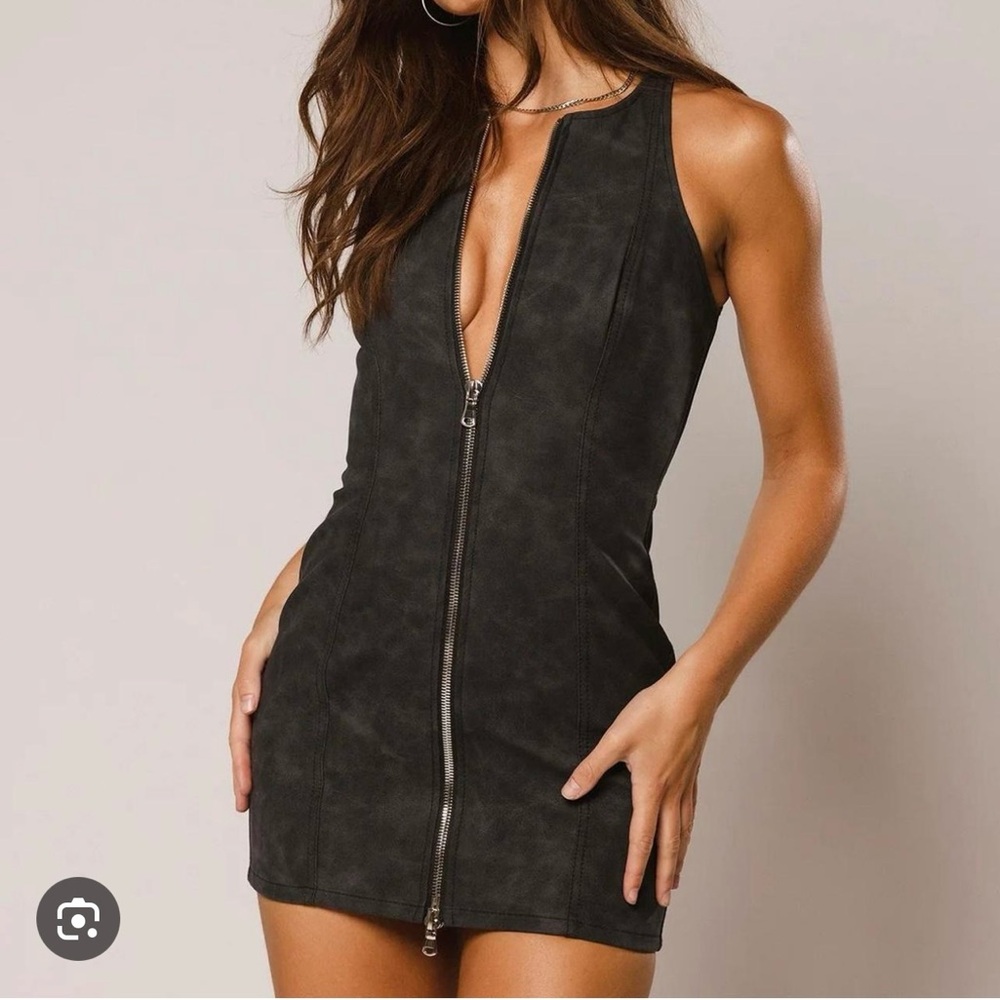 REVICE Black Leather Zip Up Mini Dress